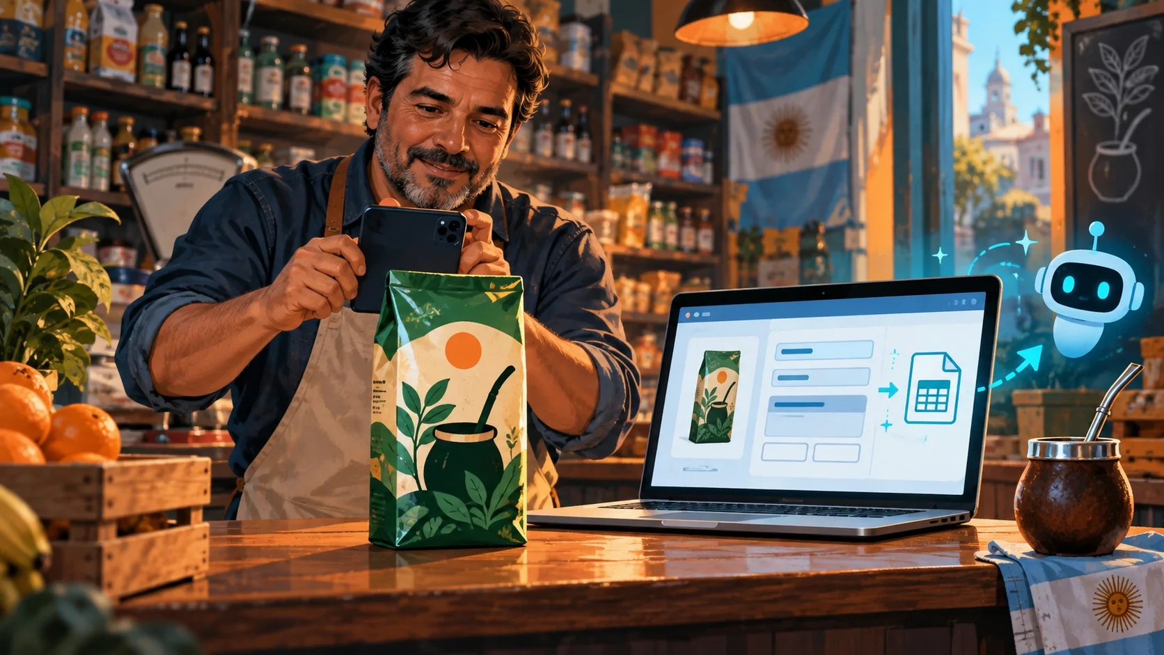 DukaanAI: inventario con IA desde una foto - A shopkeeper at a small grocery counter photographing a yerba mate package with a phone, while a laptop b