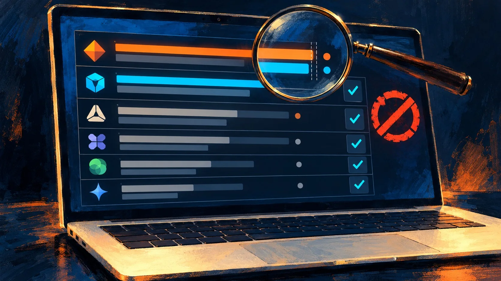 Leaderboards de IA en Hugging Face: 0 de 1.108 - A leaderboard table on a laptop screen showing ranked AI model names with score columns, a magnifying