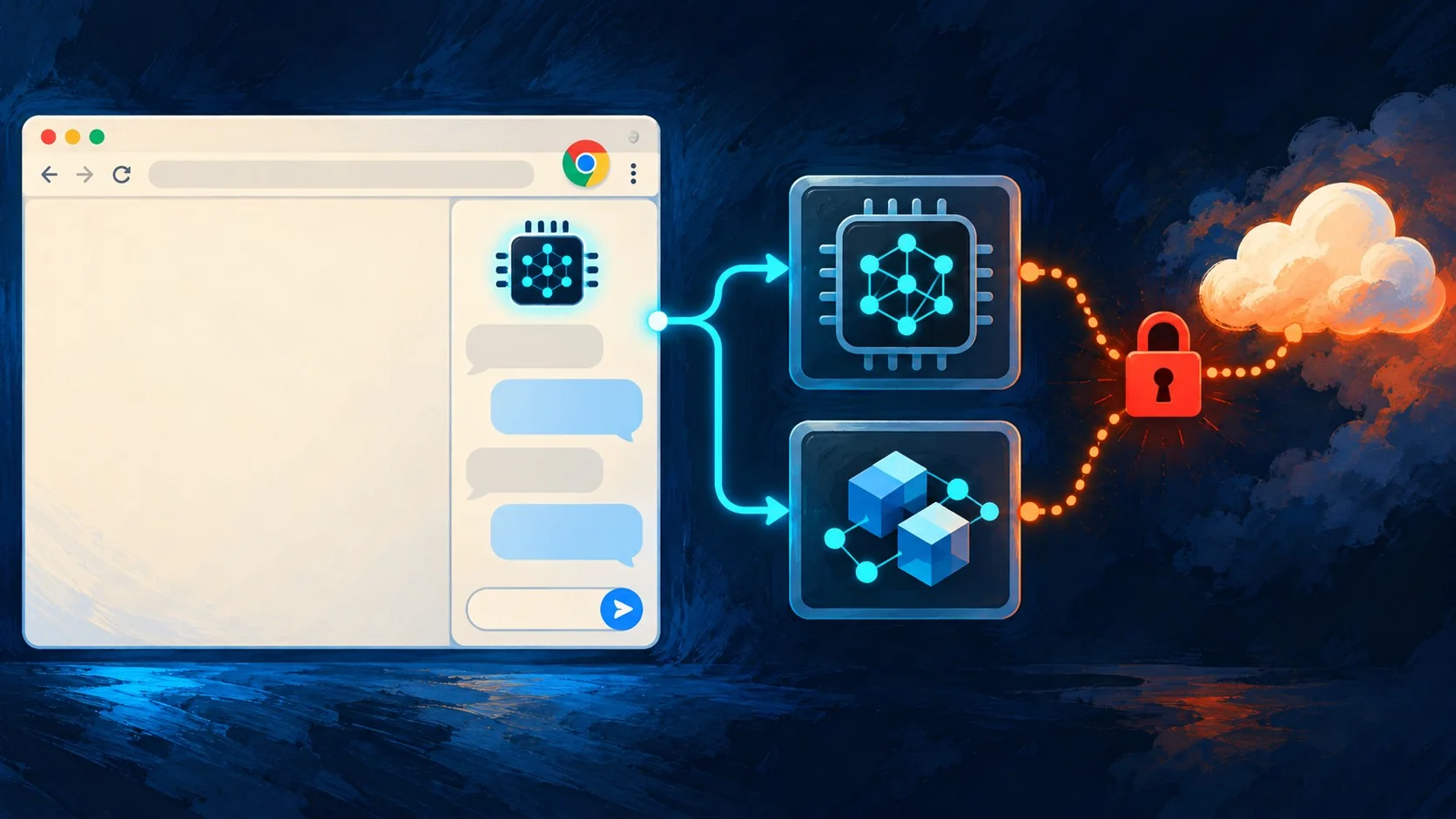 WebLLM y transformers.js corriendo dentro de Chrome - A Chrome browser side panel showing a chat interface with a small AI model icon, connected by a