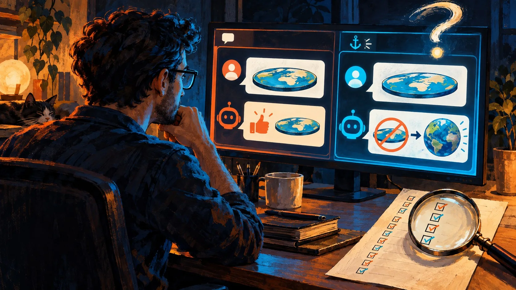 Lumen Anchor Protocol: ¿frena la sycophancy en IA? - A developer at a desk comparing two chat windows side by side on a monitor, one labeled 'sin prom
