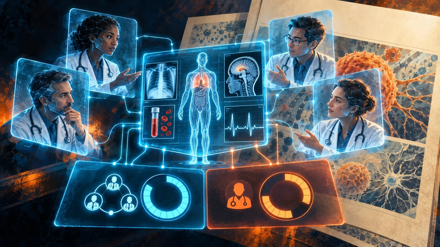 MAI-DxO de Microsoft: supera médicos en diagnóstico - A glowing virtual panel of AI doctor avatars debating around a holographic patient chart with di
