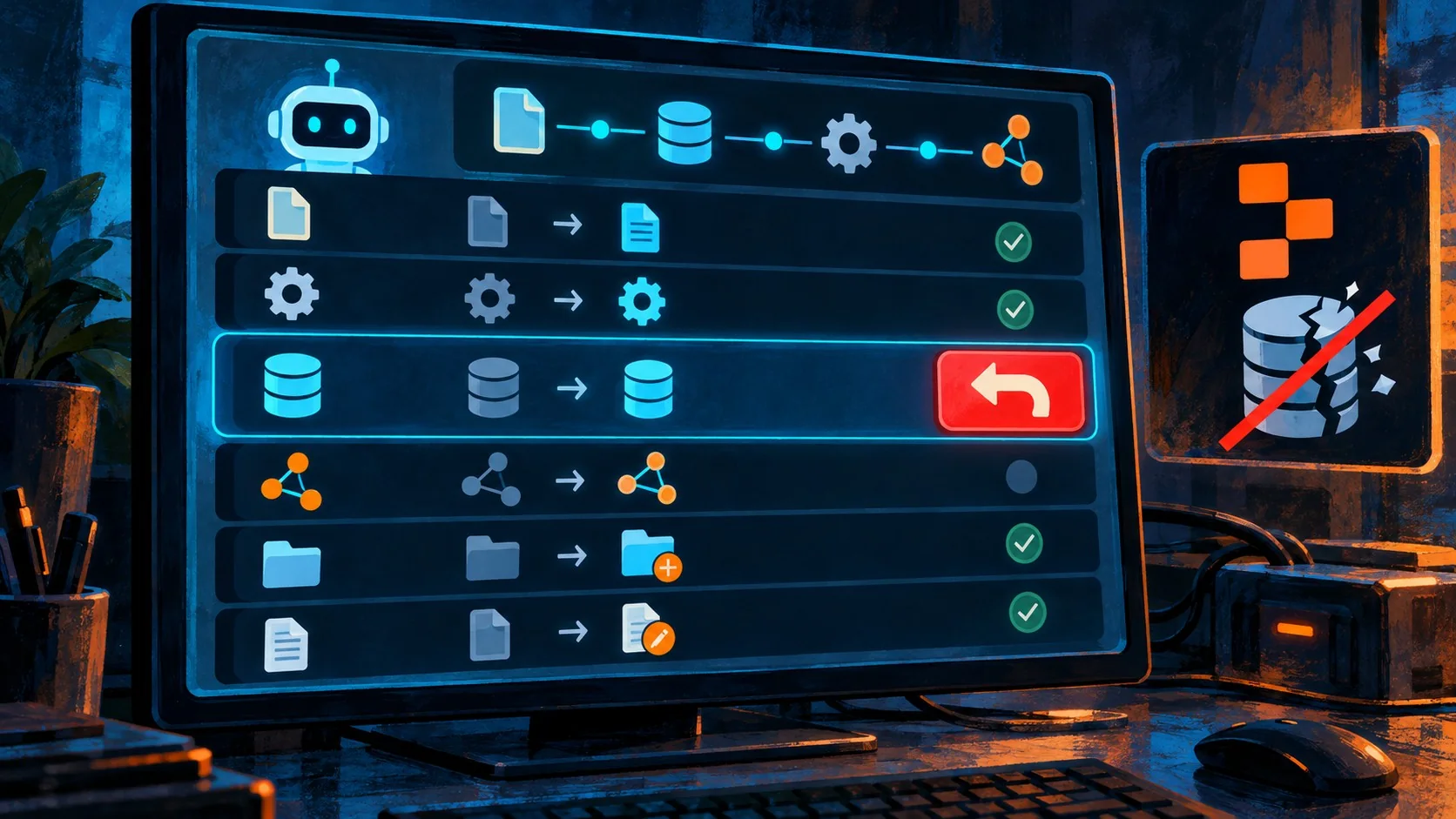 Así deshacés lo que rompe un agente de IA en tu MCP - A dashboard screen showing a list of 'AI assistant changes' rows with a highlighted red Undo but