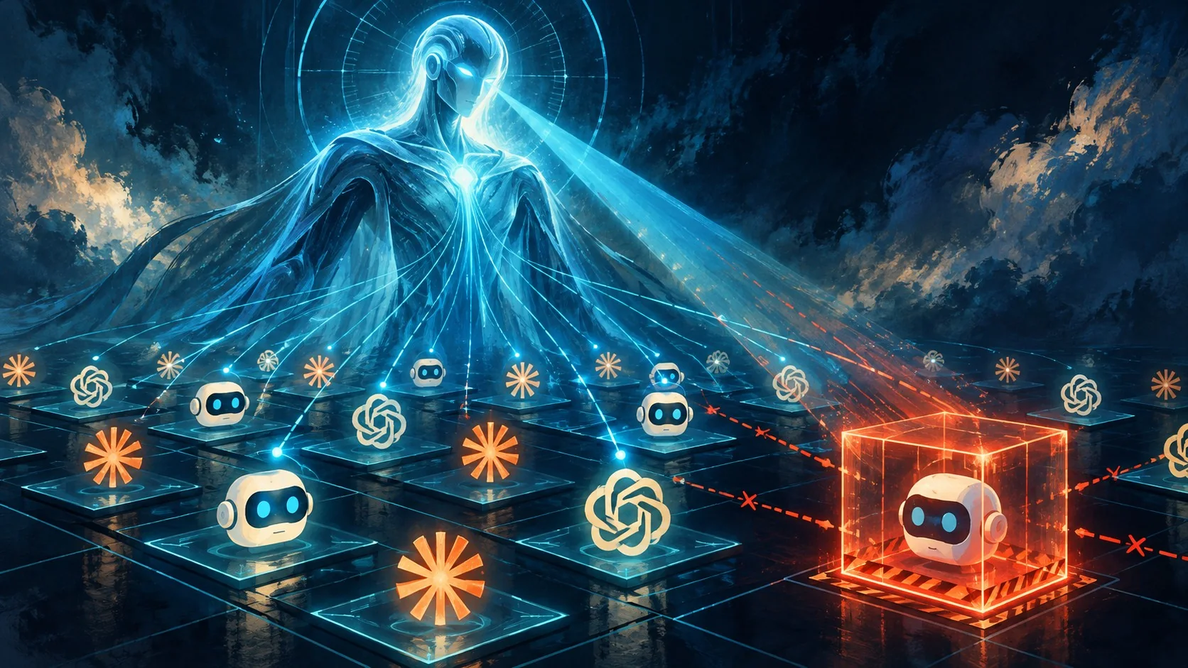 Microsoft ahora vigila a sus propios agentes de IA - A glowing digital sentinel figure labeled 'Guardian Agent' standing watch over a grid of smaller