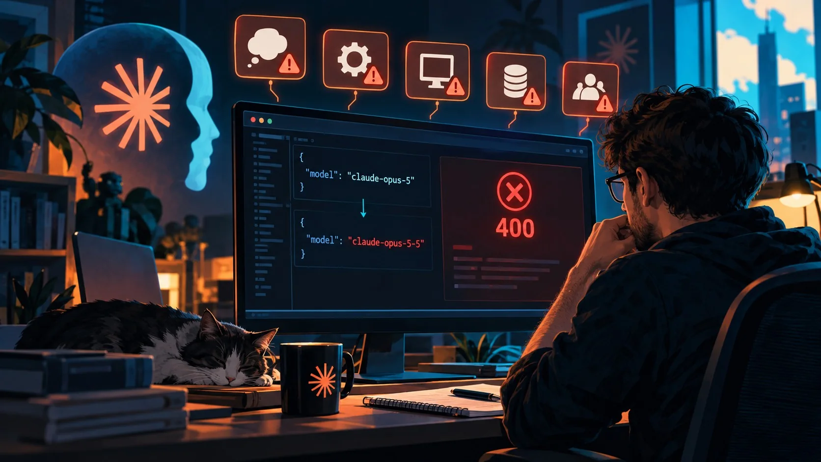 Migrar a Claude Opus 5.5: 5 ajustes que dan 400 - A developer at a desk looking at a terminal showing a red HTTP 400 error after changing a model stri