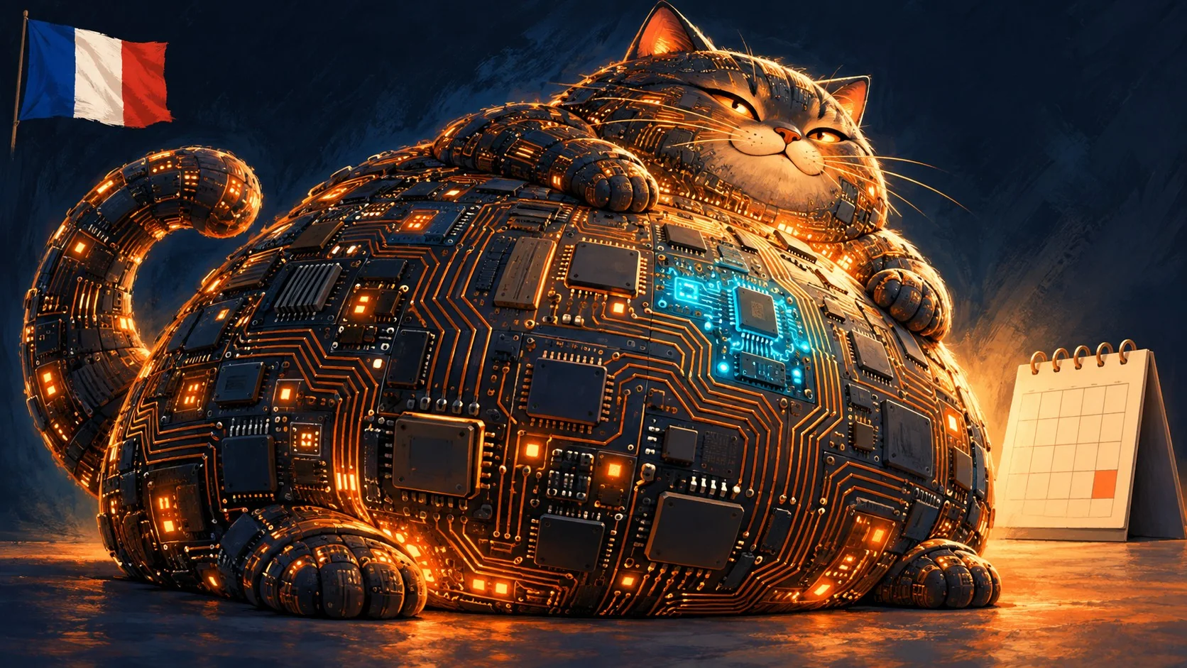 Mistral Large 4: el nuevo modelo abierto 'le Chonk' - A massive cartoon fat cat made of glowing circuit boards labeled '1 trillion parameters' with a