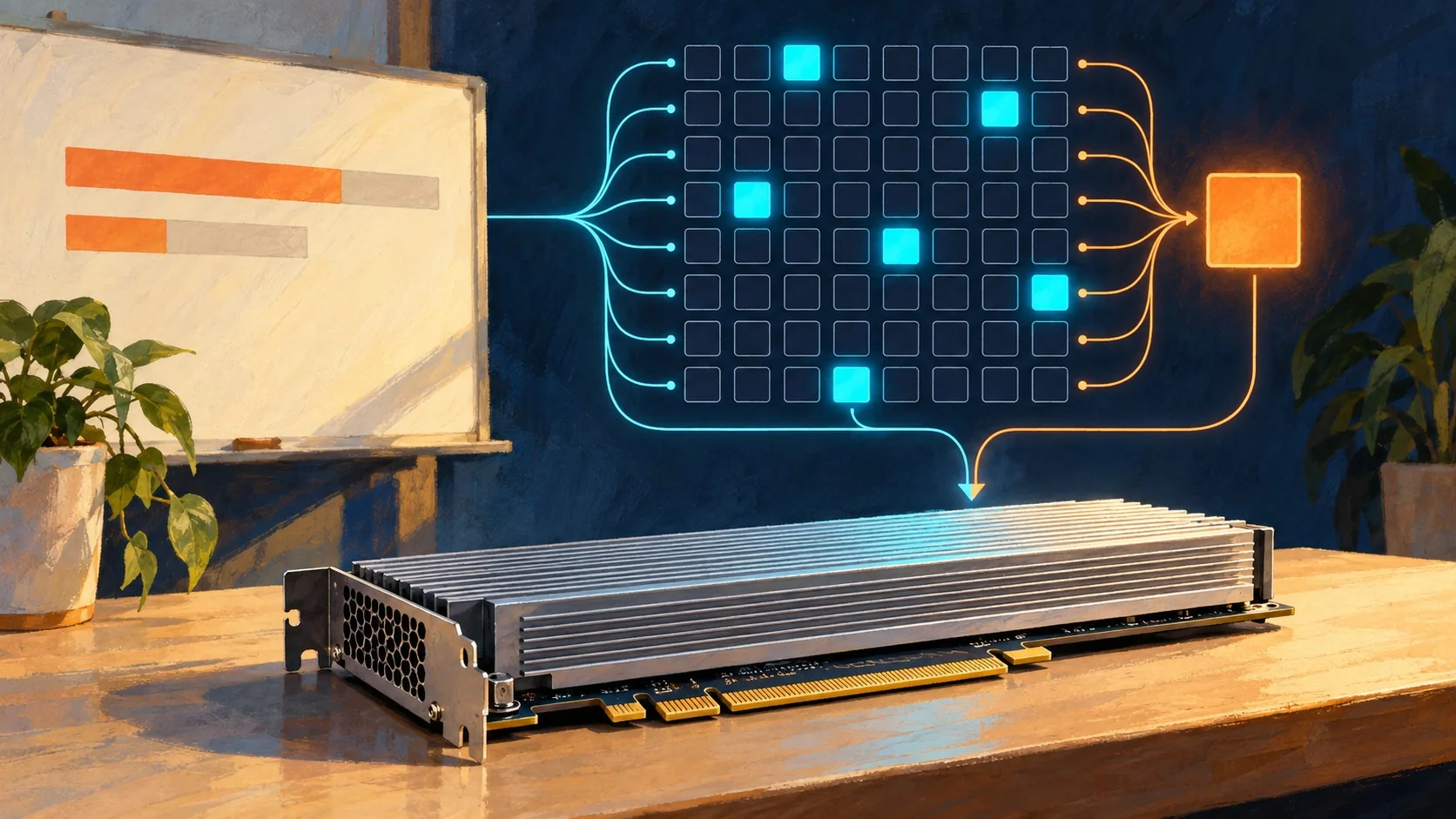 Un MoE de 188M en una GPU gratis: qué probó y qué no - A single free Google Colab T4 GPU card on a desk, with a transformer layer diagram above it sho