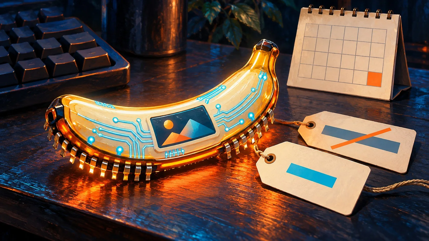Nano Banana 2.1 de Google: cuánto cuesta y qué cambia - A glowing banana-shaped image generator chip labeled 2.1 on a developer desk, with two price t