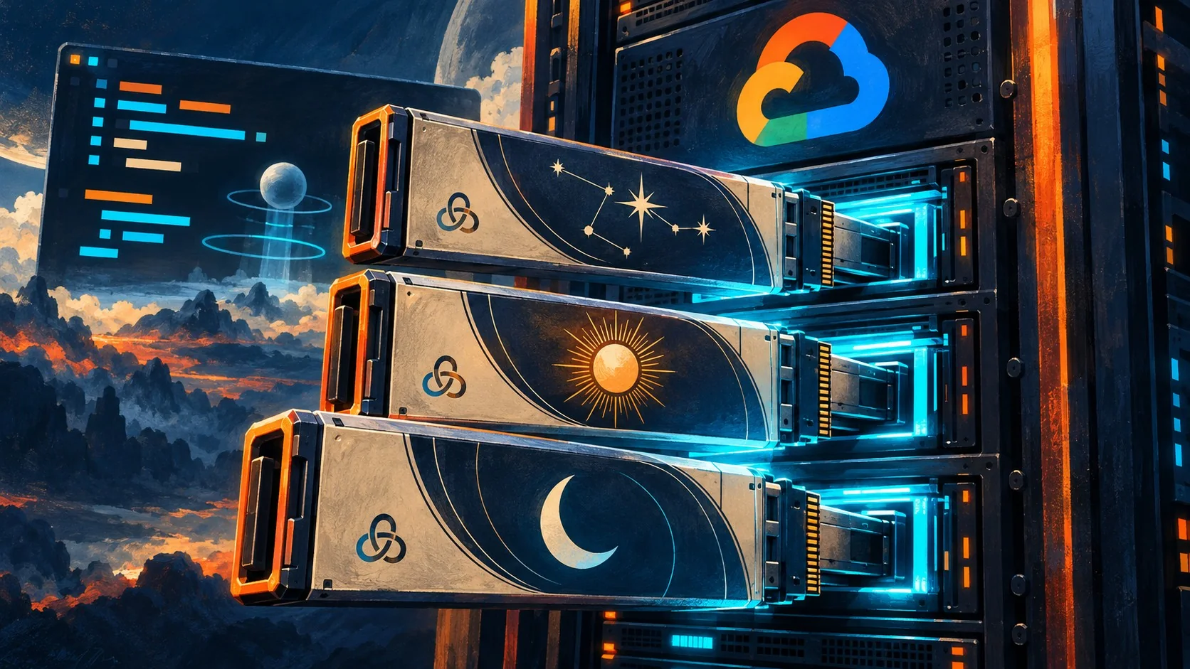 OpenAI lleva GPT-6 a Google Cloud y Antigravity - Three AI model nameplates labeled GPT-6 Astra, Sol, and Luna being plugged into a Google Cloud serve