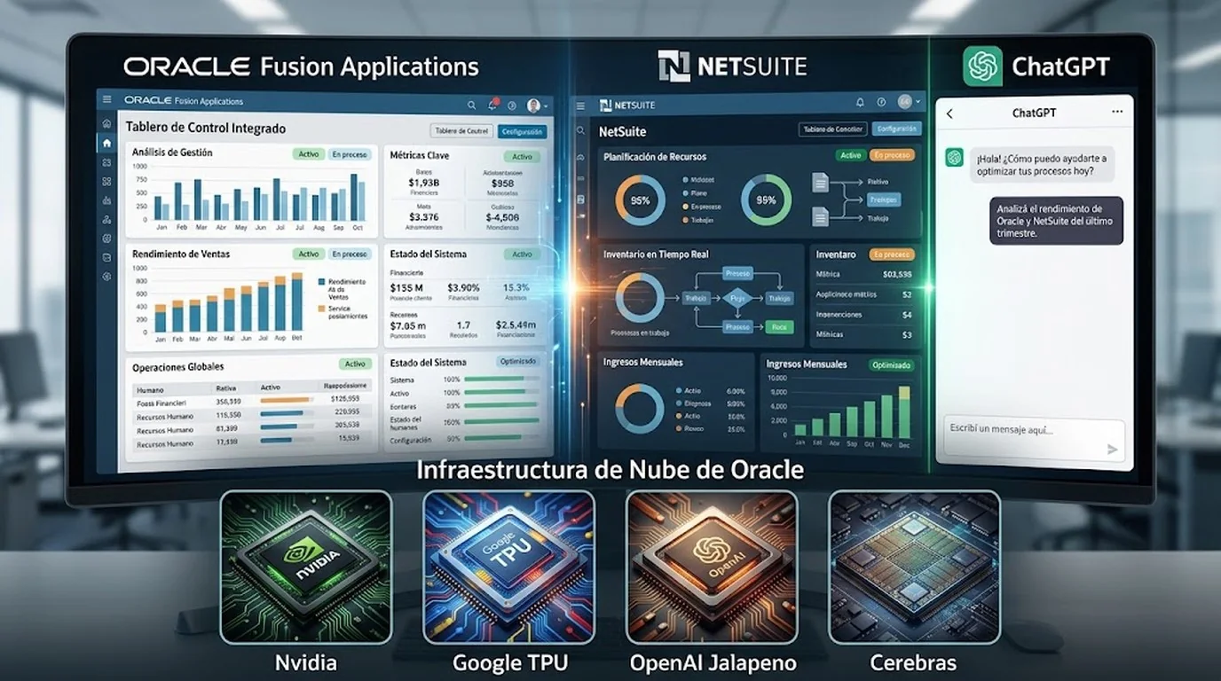 Oracle integra ChatGPT y Codex y amplía chips en OCI - A split-screen enterprise dashboard showing Oracle Fusion Applications and NetSuite panels merg