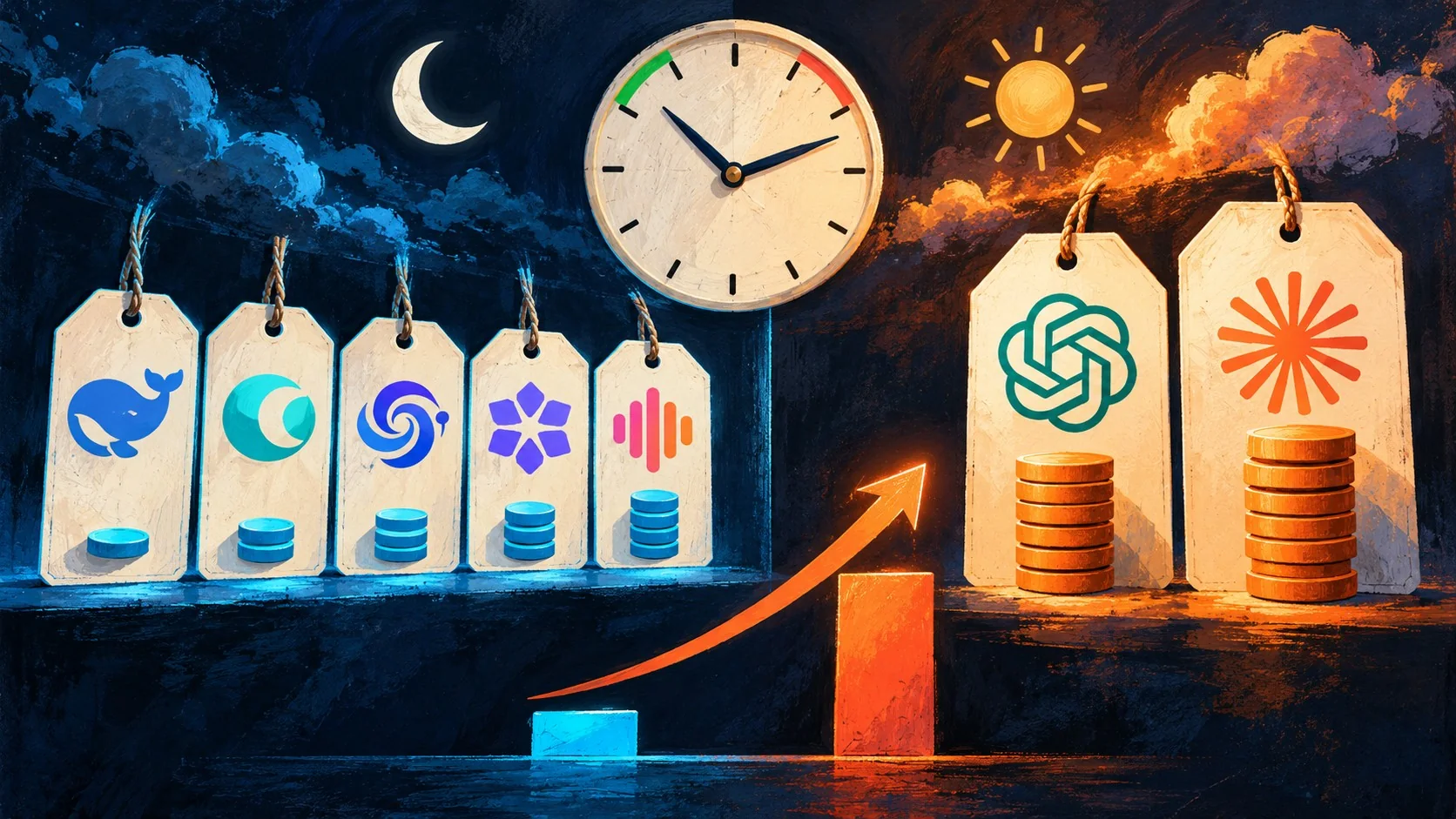 Precios API modelos chinos IA 2026: la tabla completa - A split-screen price comparison chart showing API pricing tags for DeepSeek, Kimi, GLM, Qwen a