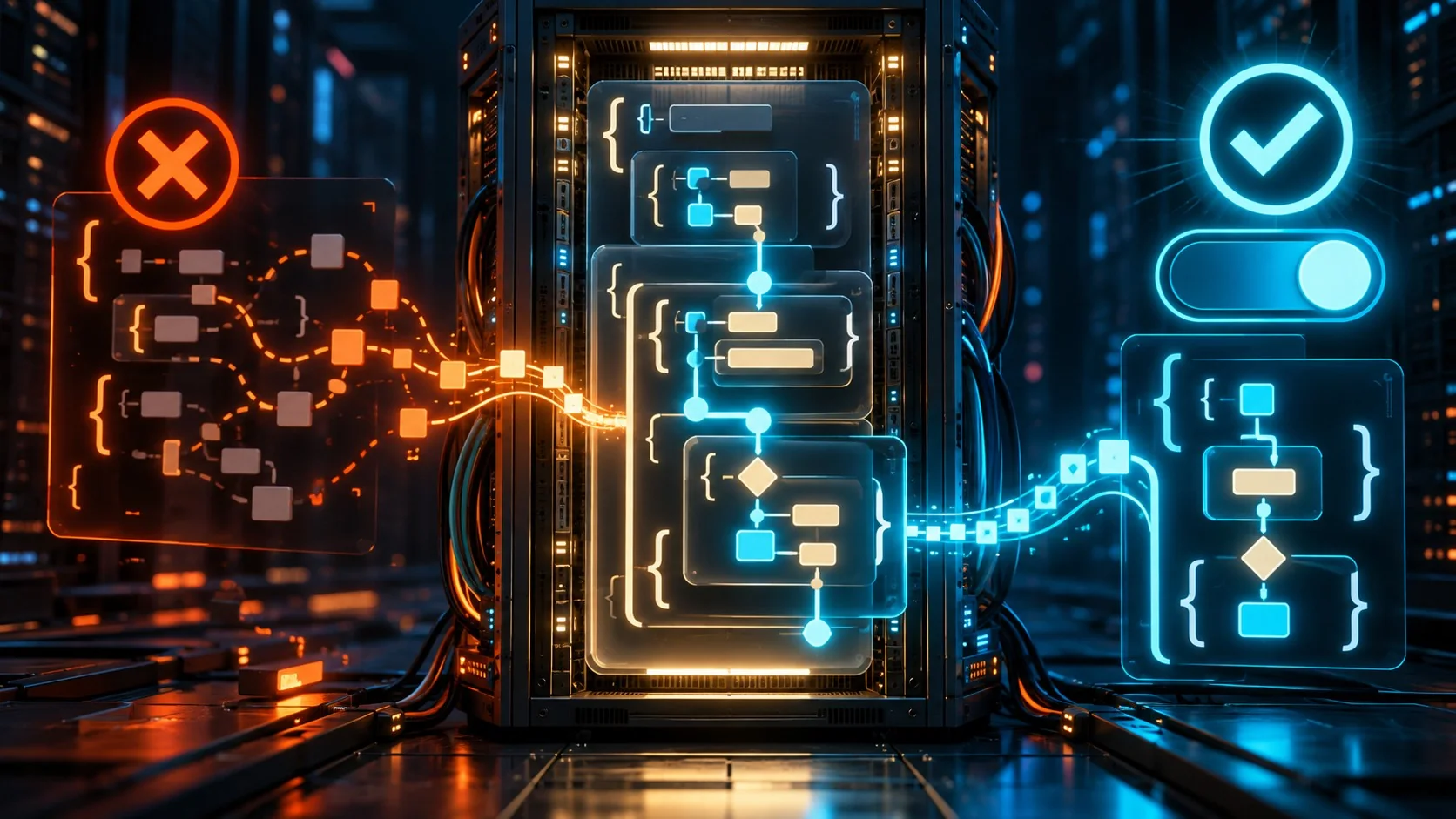 vLLM 0.31 llega a 100% de precisión en tool calling - A server rack diagram showing a JSON tool-call schema with a highlighted path of valid tokens, l