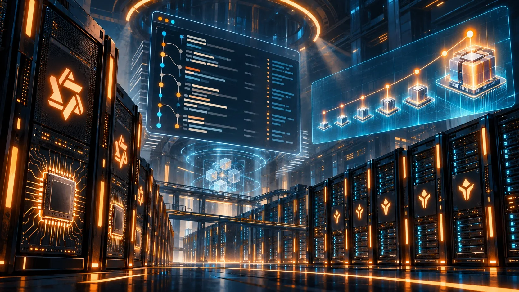 Qwen de Alibaba se entrenó solo 33 veces sin humanos - A large server room with glowing chip racks labeled Zhenwu V900, a floating terminal window sho