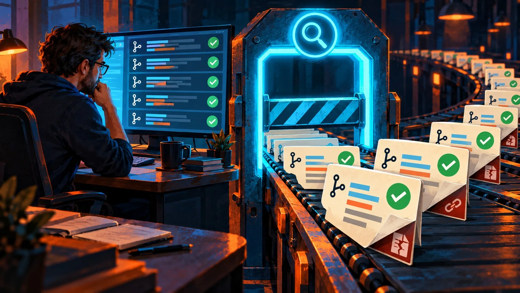 Revisión de código agentes IA: el último filtro - A developer at a desk reviewing a long queue of pull request cards on a monitor, with a large '27.6%