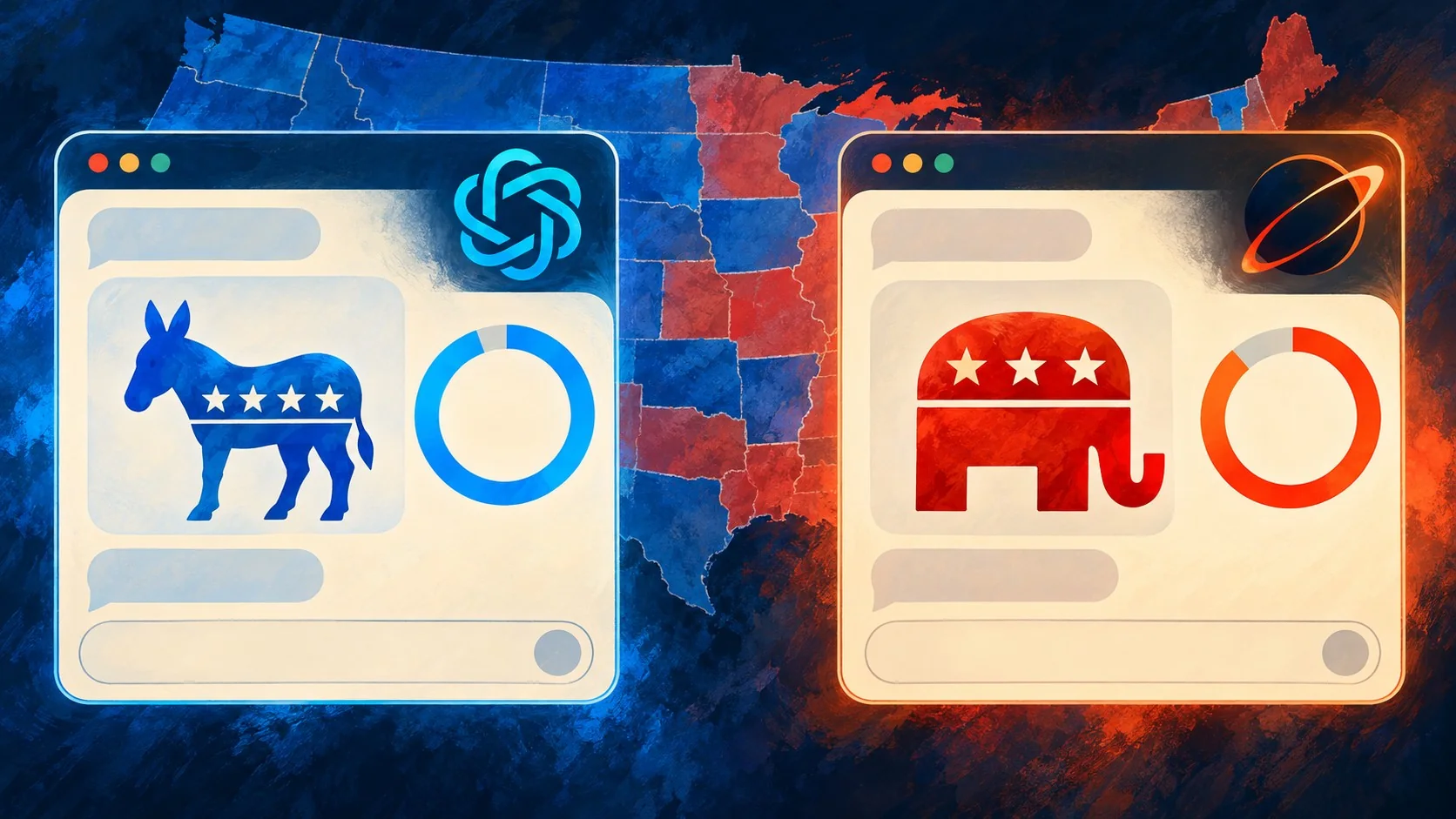 GPT elige demócratas, Grok elige republicanos: el estudio - Two chatbot interface windows side by side, one labeled GPT-6.1 Sol showing a blue Democra
