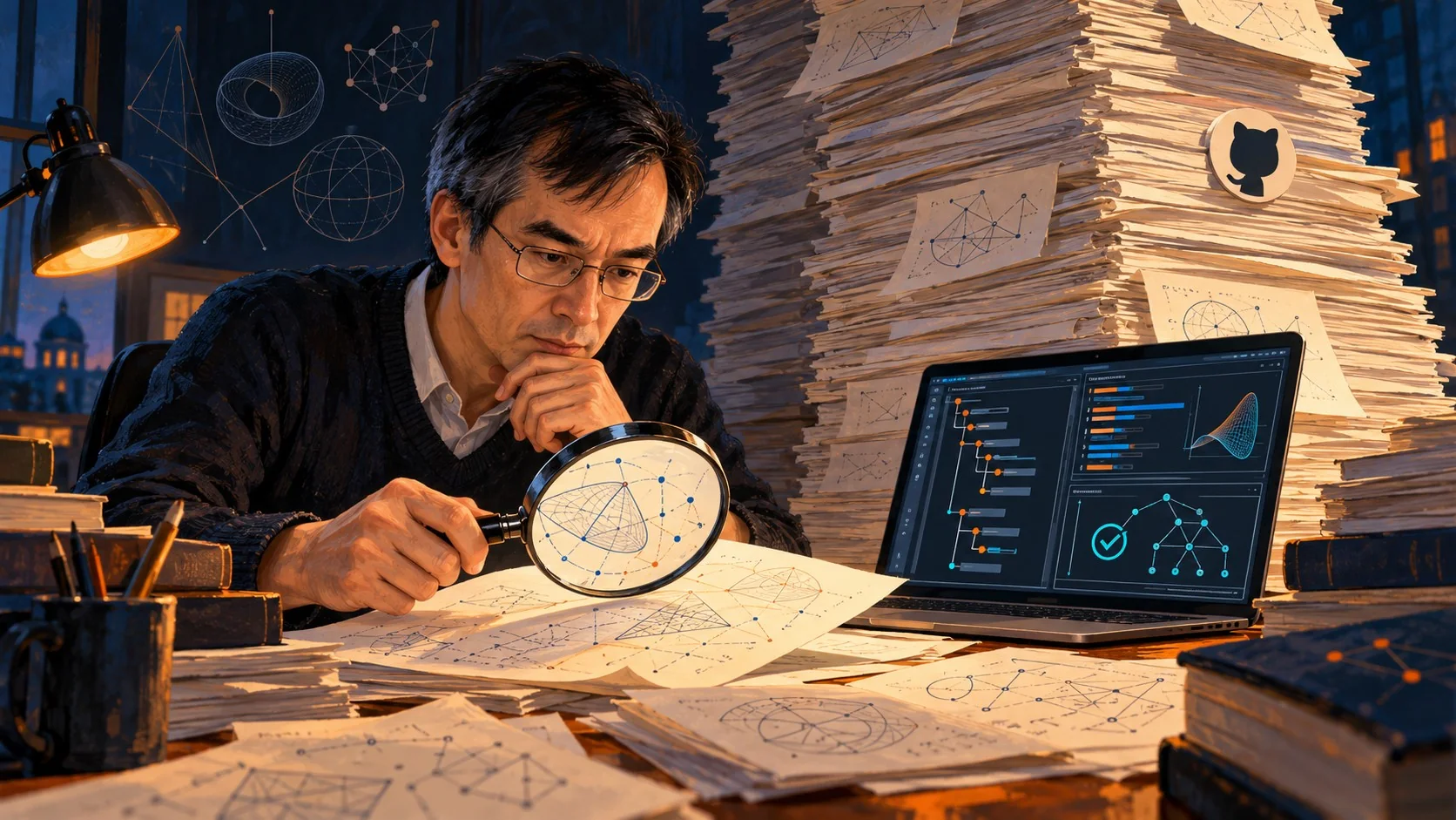 Terence Tao responde al volcado matemático de OpenAI - A mathematician at a desk facing a towering stack of printed manuscripts labeled with a GitHub