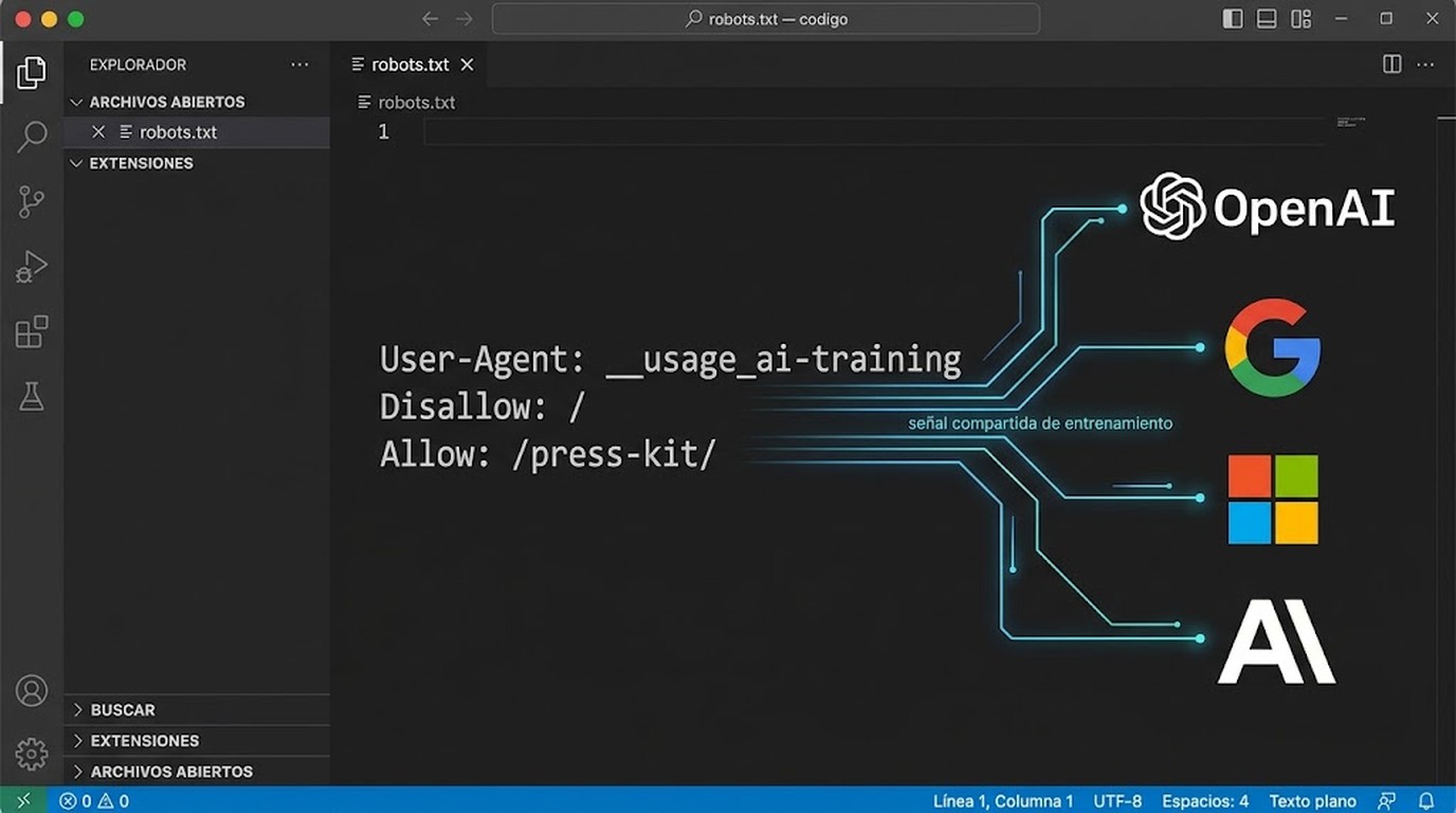 El token que bloquea el entrenamiento de IA en robots.txt - A robots.txt text file open on a code editor showing the line 'User-Agent: __usage_ai-trai