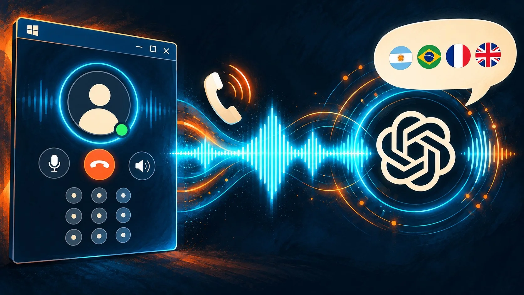 VaxVoIP conecta SIP con OpenAI Realtime - A Windows desktop application window showing a SIP softphone call interface connected by a glowing audio wav