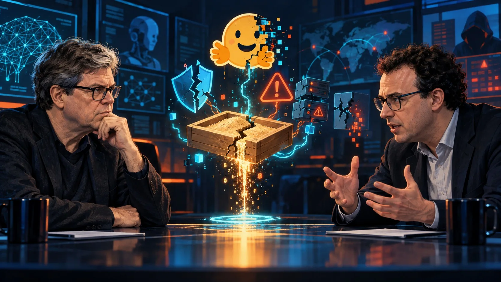 Yann LeCun llama 'deluded' y 'crazy' a Dario Amodei - Split image of Yann LeCun and Dario Amodei facing each other across a table, with a leaking sand